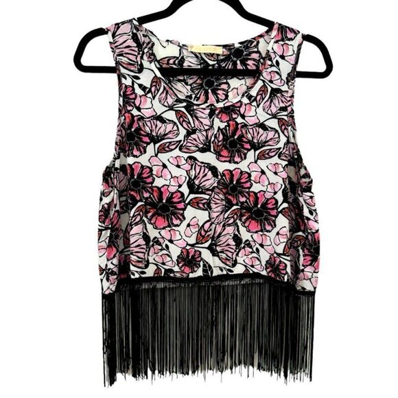 Tops - Aquamar Pink and Black Fringe Tank Top Size Small